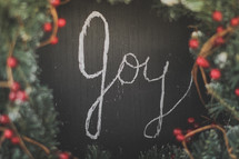 Joy written on a chalkboard inside a wreath