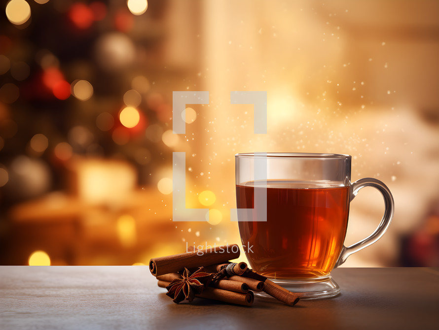 A Mug of Hot Apple Cider on a Table wtih Spices and a Christmas Tree in the Background