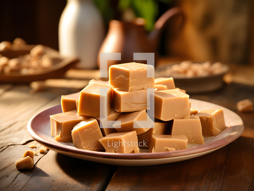A Plate Filled with Smooth Peanut Butter Fudge on a Wooden Table