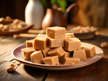 A Plate Filled with Smooth Peanut Butter Fudge on a Wooden Table