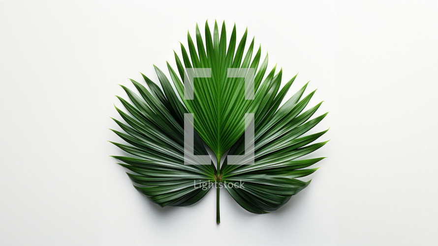 A large palm branch with green leaves spread out. Set against a white background. 