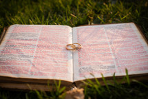 open Bible in the grass with wedding bands 