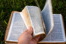 turning the pages of a Bible lying on grass