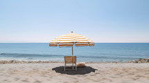 Beach umbrella on the sand in front of a calm sea in Summer. AI Generative