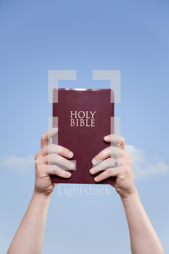 man holding a red cover Bible up to the sky