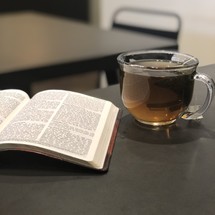 tea and open Bible 