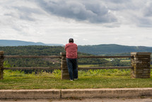 man looking over a fence at green landscape 