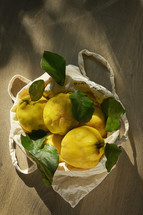 A canvas bag of pears