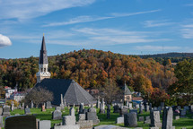 Graveyard near church in the fall