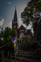 purple iris and church with steeple 