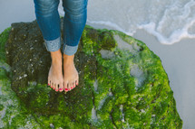 Feet standing on a mossy rock at the beach.