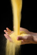 Abstract Farmer Sprinkles Corn Flour Dust Powder Through Hands