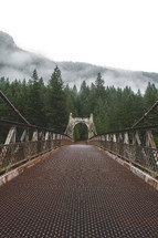 A bridge leading to a forest.