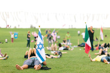 waving various flags on a grass lawn 