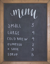 menu items at a coffee shop 