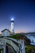 lighthouse along a shore at night 