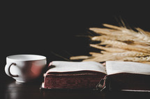Open Bible on a table with wheat and a coffee mug