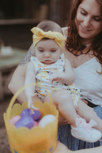 an aunt holding her infant niece and an Easter basket 
