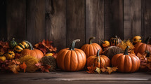 Fall background with pumpkins and leaves. 