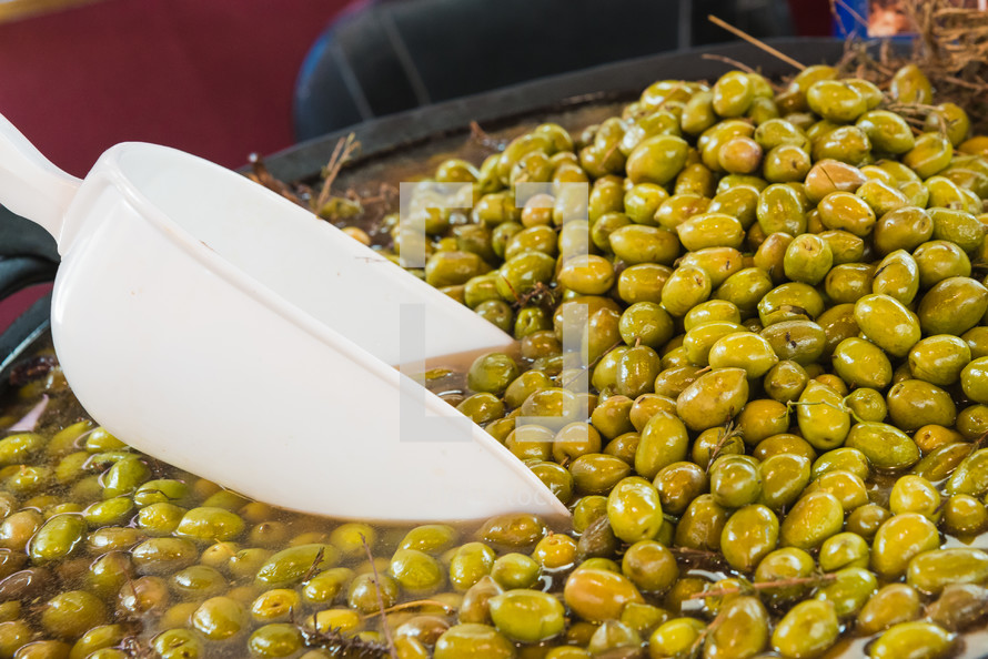 Delicious green olives in the market. Olives from Jaen