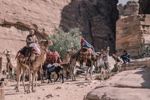 people riding camels in a desert 