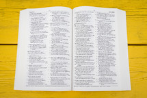 pages of an open Bible on a yellow table