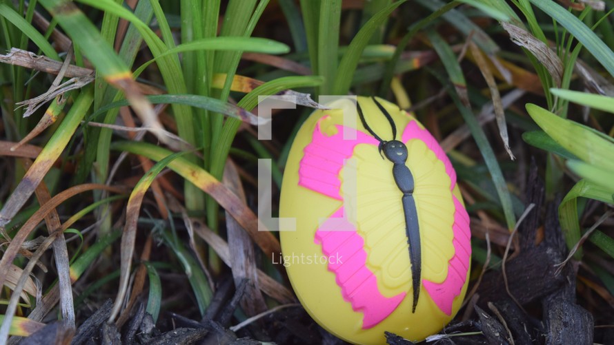 A butterfly Easter egg in green grass hidden for an Egg Hunt 