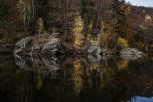 reflection of fall trees on lake water 