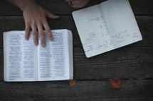 Hand on the pages of an open Bible om a picnic table with Bible study notes.