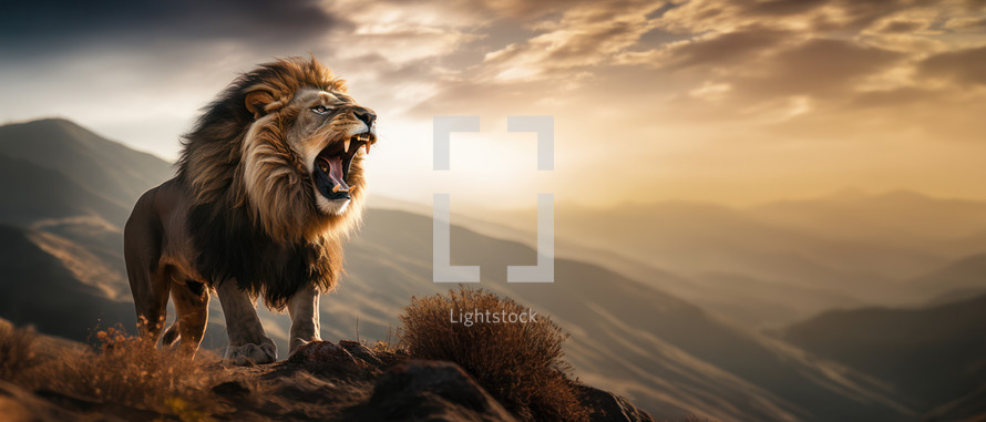 Majestic Lion roars over the valleys below.