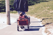 a father pulling his kids in a wagon 