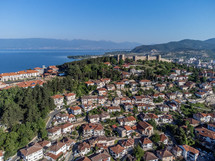 aerial view over a coastal community 