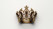 A golden crown of a Queen with diamonds, and gems, set against a white background.