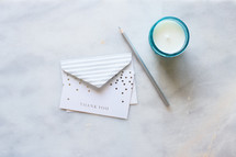 pencil, stationary, thank you note, thank you card, candle, votive