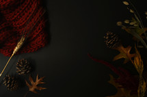 fall leaves, pine cones, and red scarf 