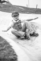 a child on a slide in dress clothes 