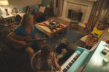 A family playing music together in their living room. 