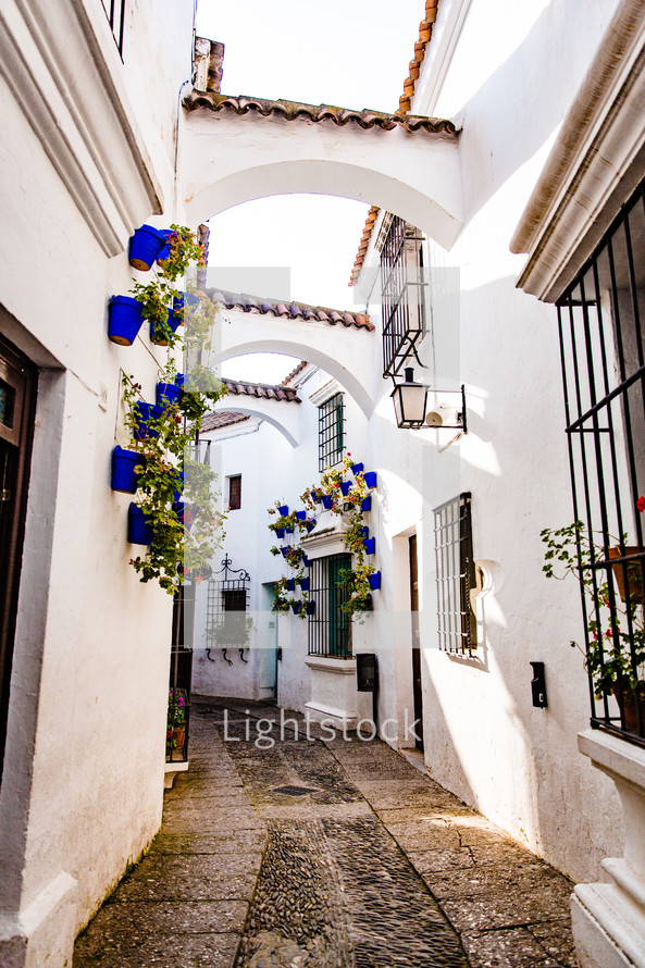 blue flower pots along white walls in Spain 