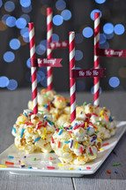 Holiday Popcorn Ball and Confetti Sprinkles Lollipop