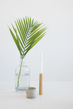 palm frond, vase, votive, candle, candlestick 