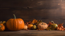 Fall background with pumpkins and leaves. 