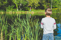 a boy fishing in a pond 