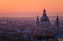 St Stephen's Basilica, Budapest, Hungary, catching the light from the rising sun as it towers over the surrounding rooftops