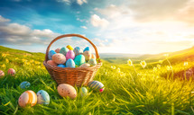 A Basket Filled with Decorated Easter Eggs in a Field full of Hidden Eggs