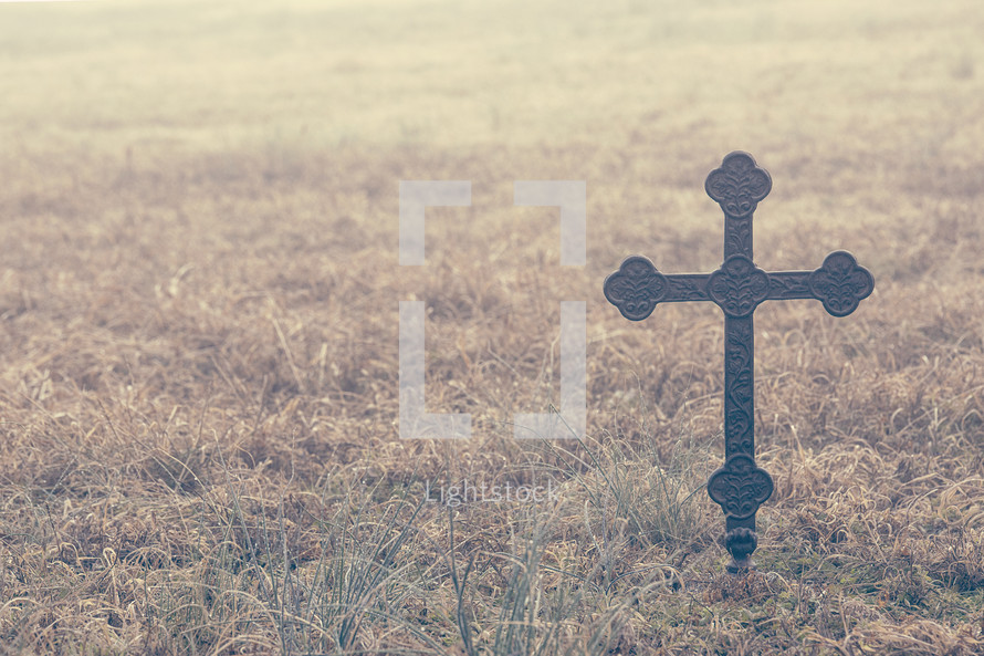 a metal cross in a field  