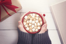 A Holiday Background with Hot Chocolate with Marshmallows and a Nice Book to Read and a Gift