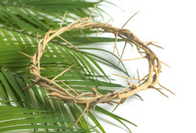 crown of thorns on palm fronds on a white background 