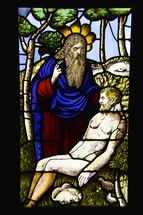 God creates Adam stained glass window, biblical scene, biblical figures