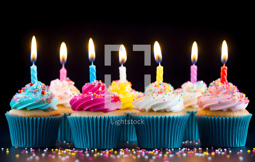 Rainbow Colored Birthday Candles Lit with Candles on a Table