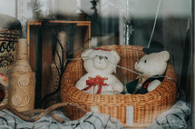 teddy bears in a wicker basket 